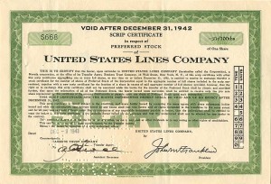 United States Lines Co. - Preferred Shipping Stock Certificate